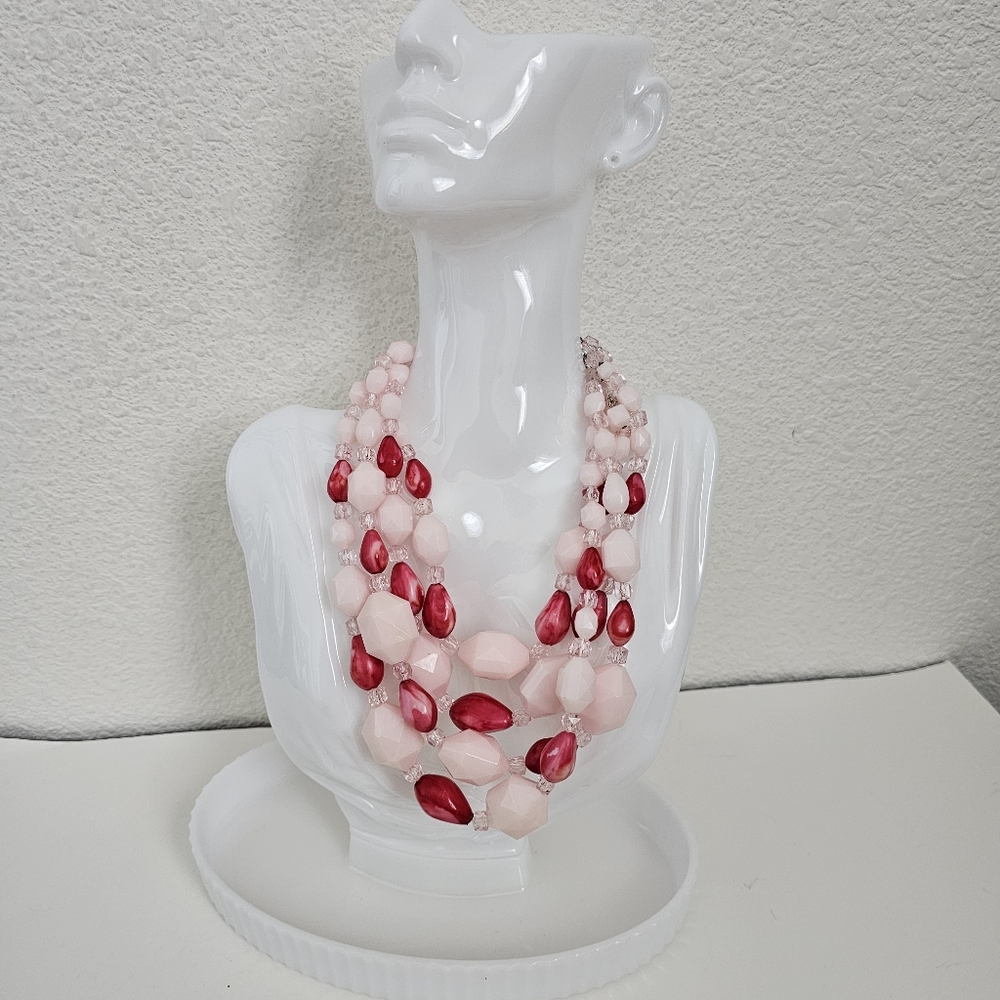 Vtg Western Germany 4-Strand Beaded Bib Necklace - Pink & Cherry Red Lucite MCM